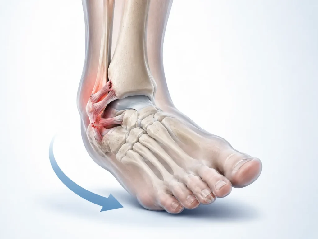 Ilustración anatómica del esguince de tobillo y ligamento lateral externo